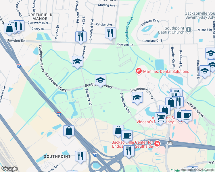 map of restaurants, bars, coffee shops, grocery stores, and more near 6425 Southpoint Parkway in Jacksonville