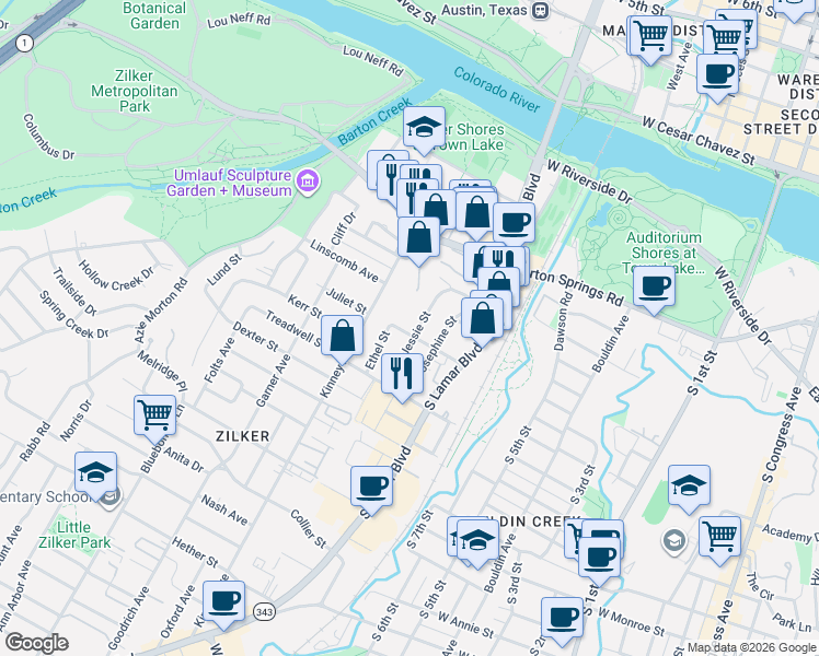 map of restaurants, bars, coffee shops, grocery stores, and more near 1502 Juliet Street in Austin