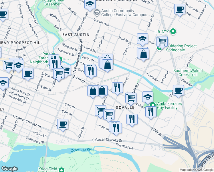 map of restaurants, bars, coffee shops, grocery stores, and more near 3218 Gonzales Street in Austin