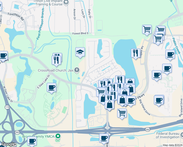 map of restaurants, bars, coffee shops, grocery stores, and more near 4663 Shiloh Mill Boulevard in Jacksonville