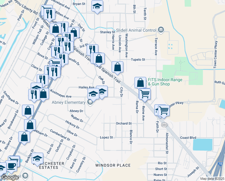 map of restaurants, bars, coffee shops, grocery stores, and more near 3221 Duncan Street in Slidell