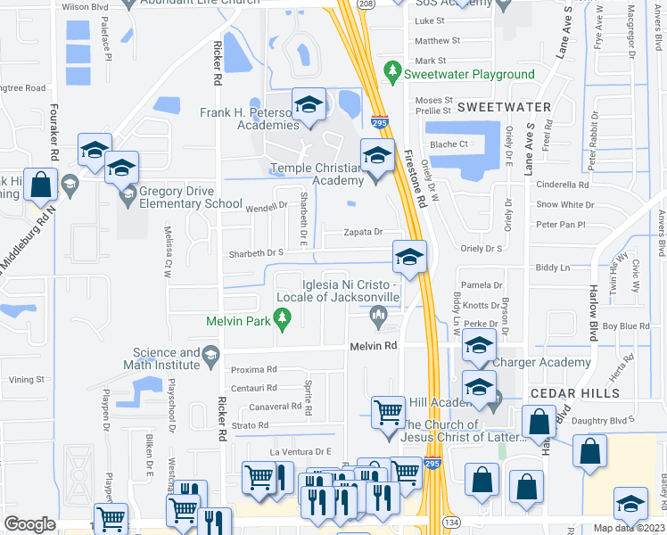 map of restaurants, bars, coffee shops, grocery stores, and more near 7323 Melvin Circle North in Jacksonville