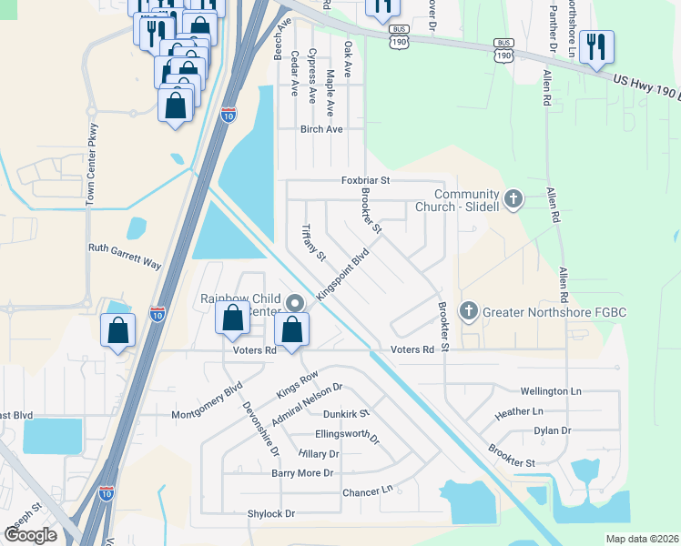map of restaurants, bars, coffee shops, grocery stores, and more near 165 Kingspoint Boulevard in Slidell