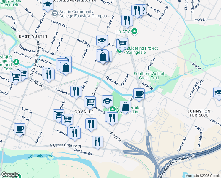 map of restaurants, bars, coffee shops, grocery stores, and more near 4613 Lyons Road in Austin