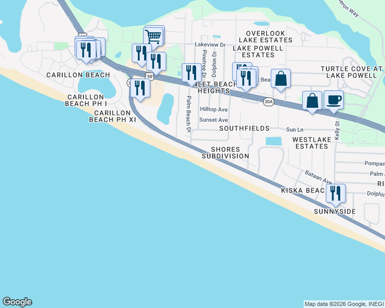 map of restaurants, bars, coffee shops, grocery stores, and more near 22524 Front Beach Road in Panama City Beach