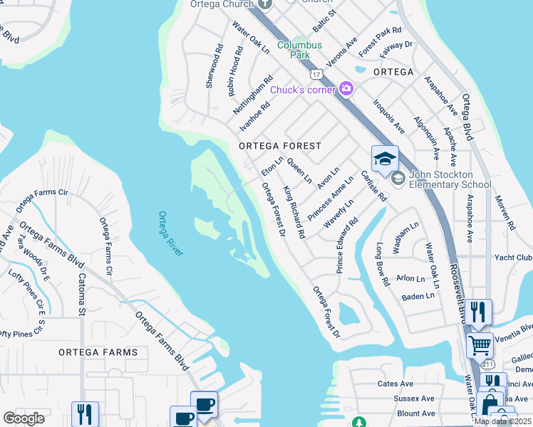 map of restaurants, bars, coffee shops, grocery stores, and more near 4742 Ortega Forest Drive in Jacksonville