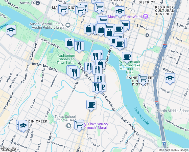 map of restaurants, bars, coffee shops, grocery stores, and more near 209 Barton Springs Road in Austin