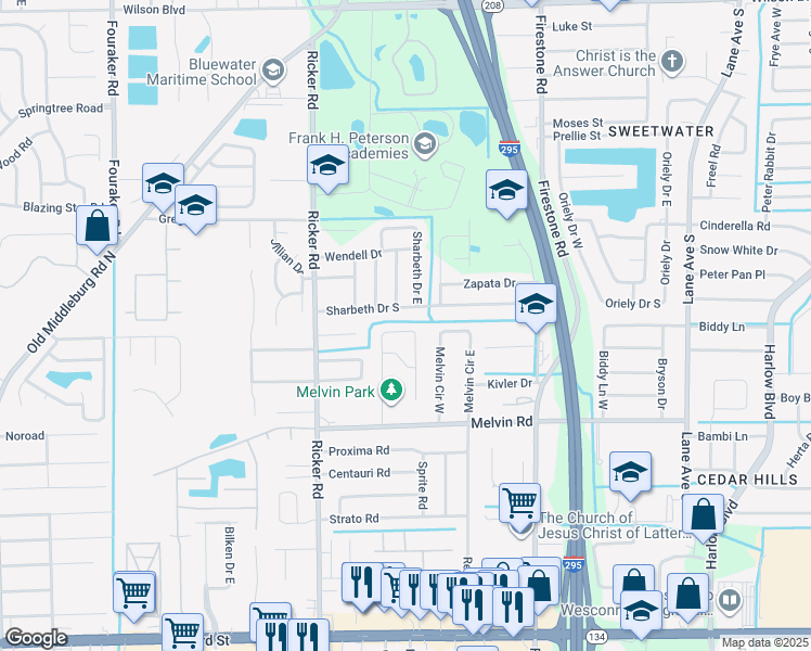 map of restaurants, bars, coffee shops, grocery stores, and more near 7415 Jade Drive North in Jacksonville