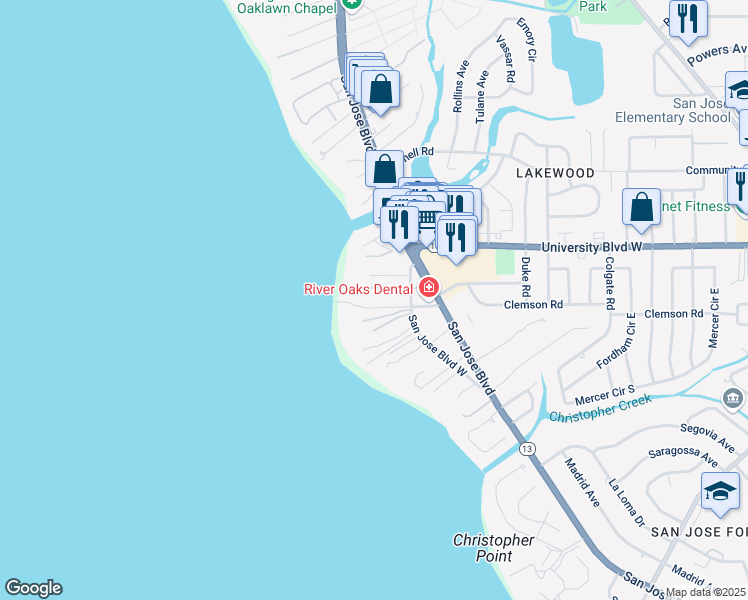 map of restaurants, bars, coffee shops, grocery stores, and more near 1418 Baylor Lane in Jacksonville