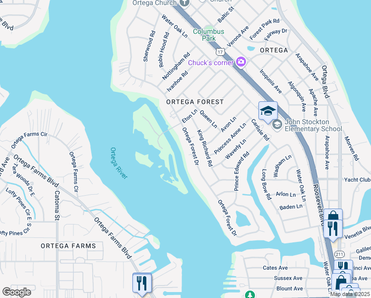 map of restaurants, bars, coffee shops, grocery stores, and more near 4742 Ortega Forest Drive in Jacksonville