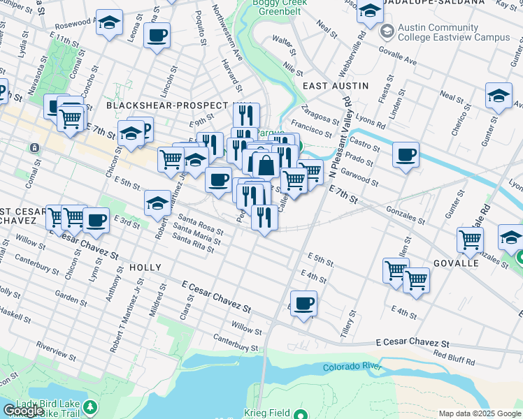 map of restaurants, bars, coffee shops, grocery stores, and more near 2602 Hidalgo Street in Austin