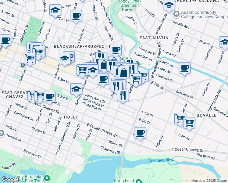 map of restaurants, bars, coffee shops, grocery stores, and more near East 6th Street & Pedernales Street in Austin