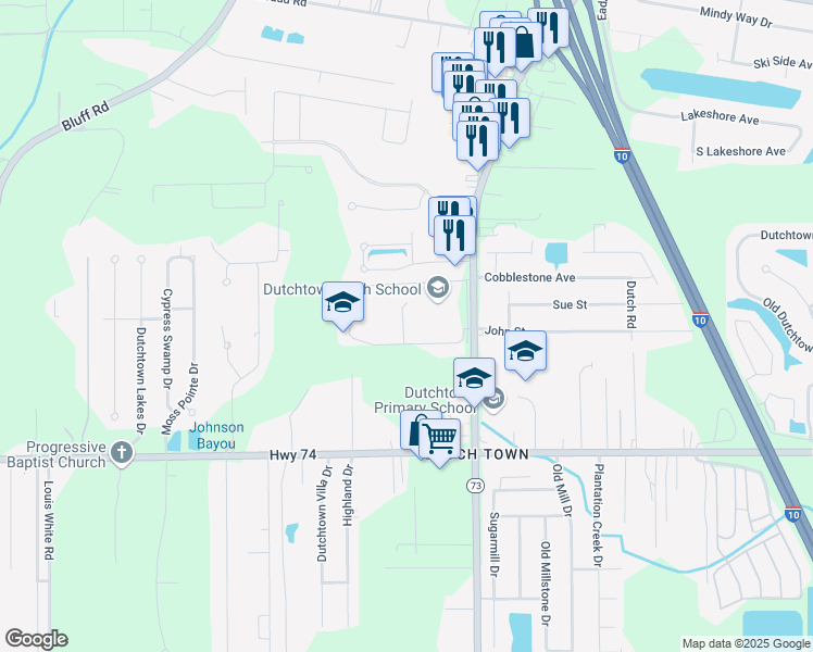 map of restaurants, bars, coffee shops, grocery stores, and more near 13165 Louisiana 73 in Geismar