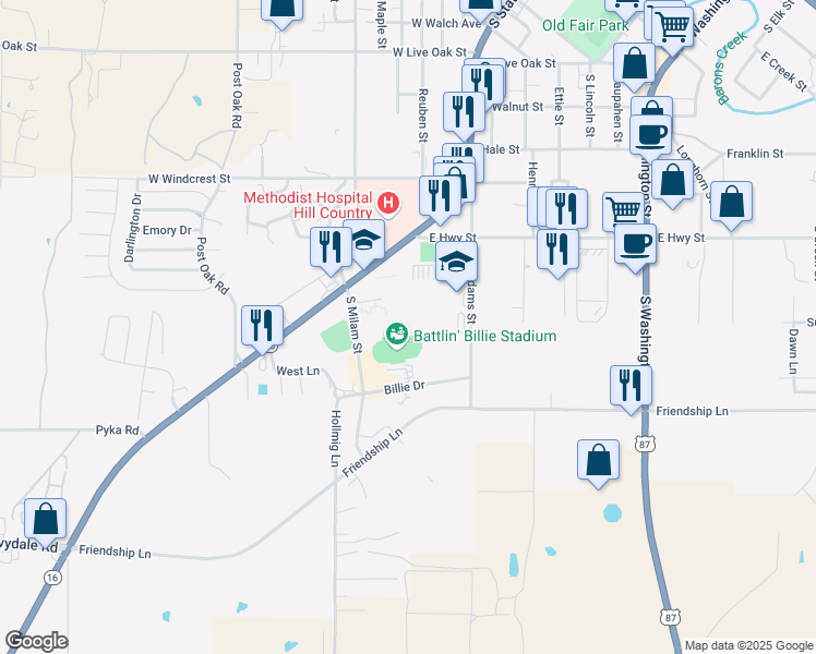 map of restaurants, bars, coffee shops, grocery stores, and more near 1107 South State Highway 16 in Fredericksburg
