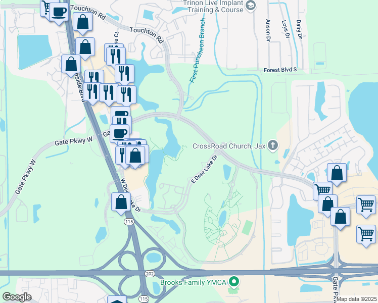 map of restaurants, bars, coffee shops, grocery stores, and more near 4800 East Deer Lake Drive in Jacksonville