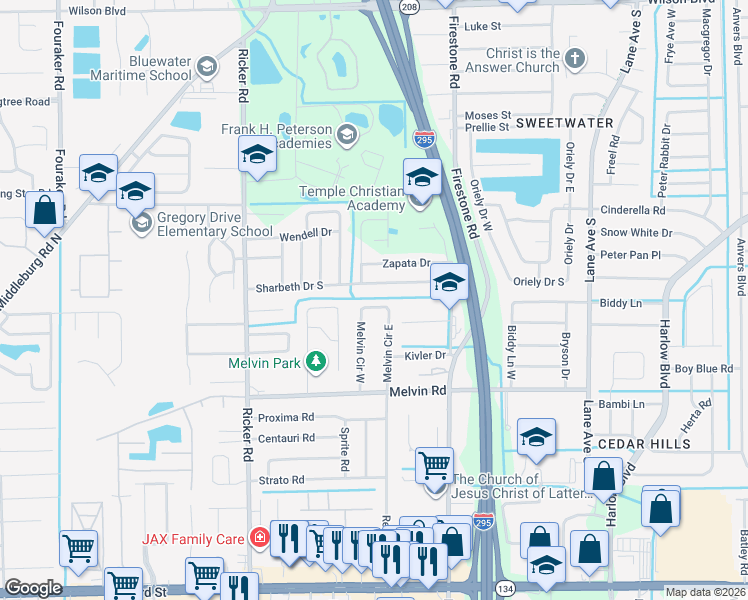 map of restaurants, bars, coffee shops, grocery stores, and more near 7323 Melvin Circle North in Jacksonville