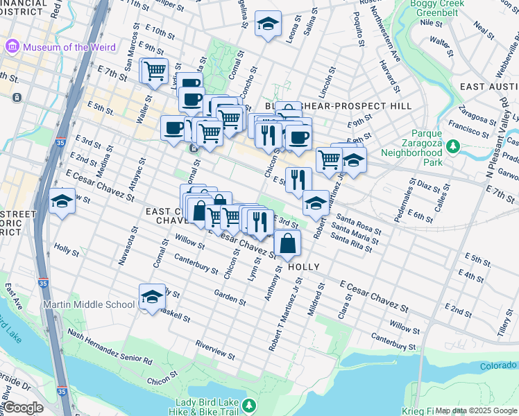 map of restaurants, bars, coffee shops, grocery stores, and more near 301 Chicon Street in Austin