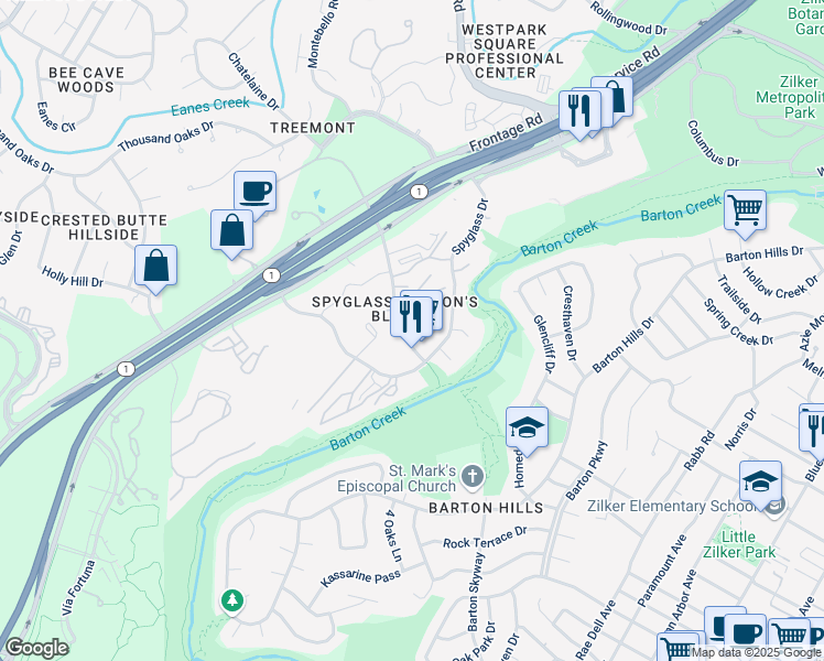 map of restaurants, bars, coffee shops, grocery stores, and more near 2904 Barton Skyway in Austin