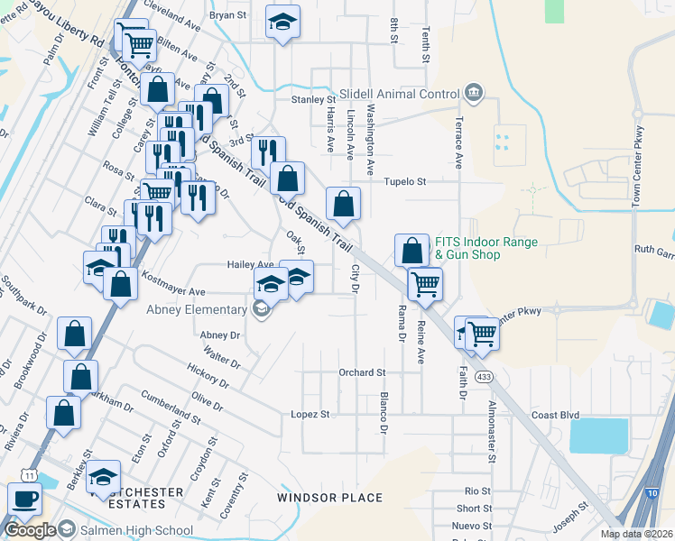 map of restaurants, bars, coffee shops, grocery stores, and more near 3169 Duncan Street in Slidell