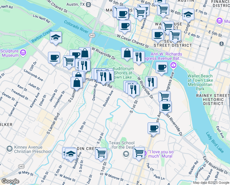 map of restaurants, bars, coffee shops, grocery stores, and more near 811 Barton Springs Road in Austin