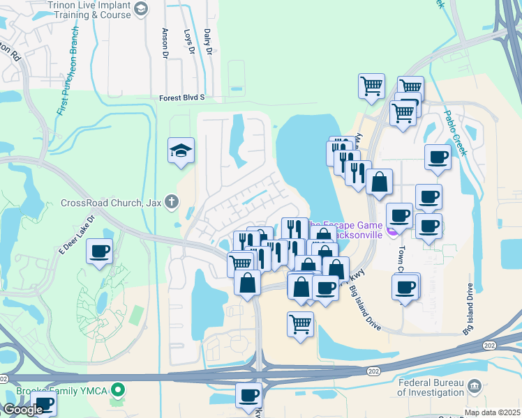 map of restaurants, bars, coffee shops, grocery stores, and more near 10075 Gate Parkway North in Jacksonville