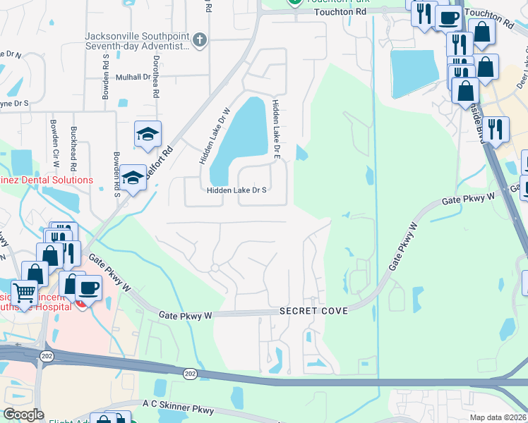 map of restaurants, bars, coffee shops, grocery stores, and more near 8339 Compass Rose Drive South in Jacksonville