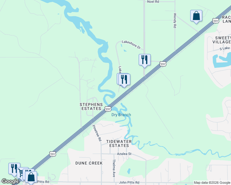 map of restaurants, bars, coffee shops, grocery stores, and more near 6111 Stephens Drive in Panama City