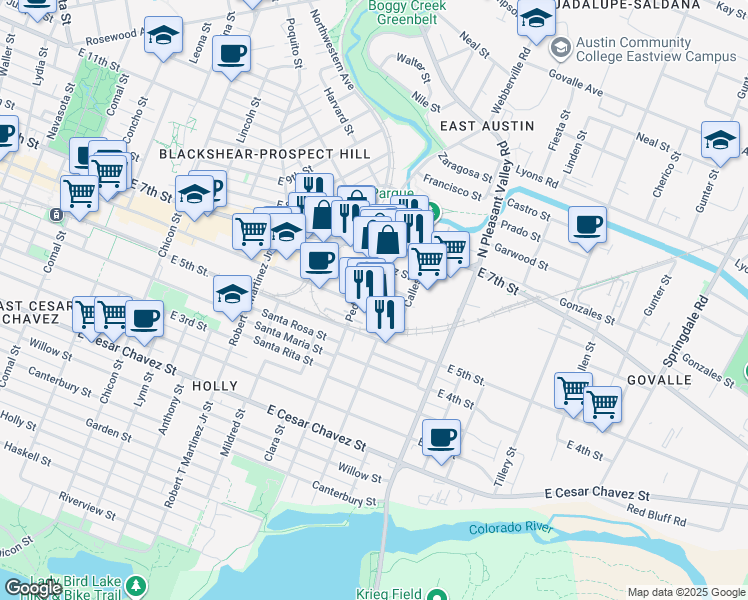 map of restaurants, bars, coffee shops, grocery stores, and more near 607 Pedernales Street in Austin