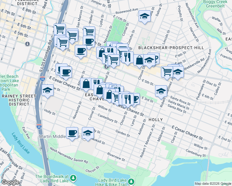 map of restaurants, bars, coffee shops, grocery stores, and more near in Austin