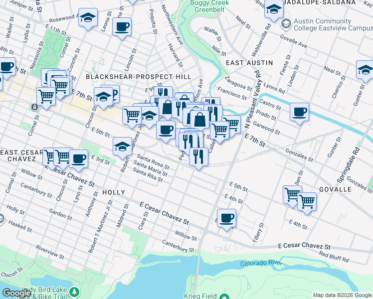 map of restaurants, bars, coffee shops, grocery stores, and more near 2500 East 6th Street in Austin
