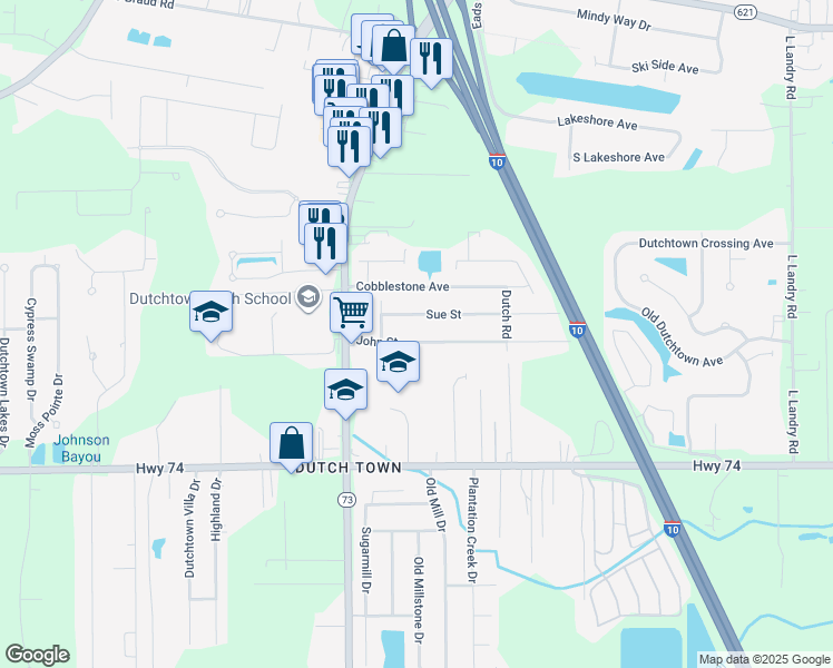 map of restaurants, bars, coffee shops, grocery stores, and more near 37075 Sue Street in Geismar