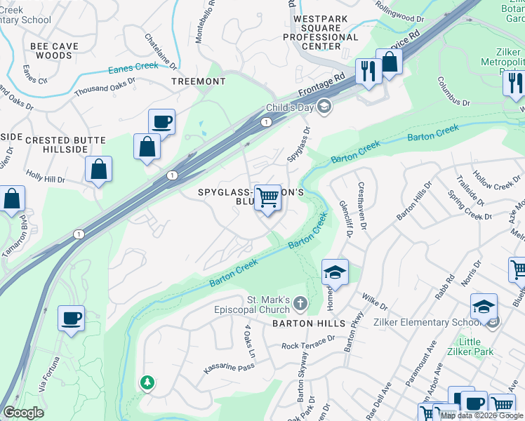 map of restaurants, bars, coffee shops, grocery stores, and more near 2904 Barton Skyway in Austin
