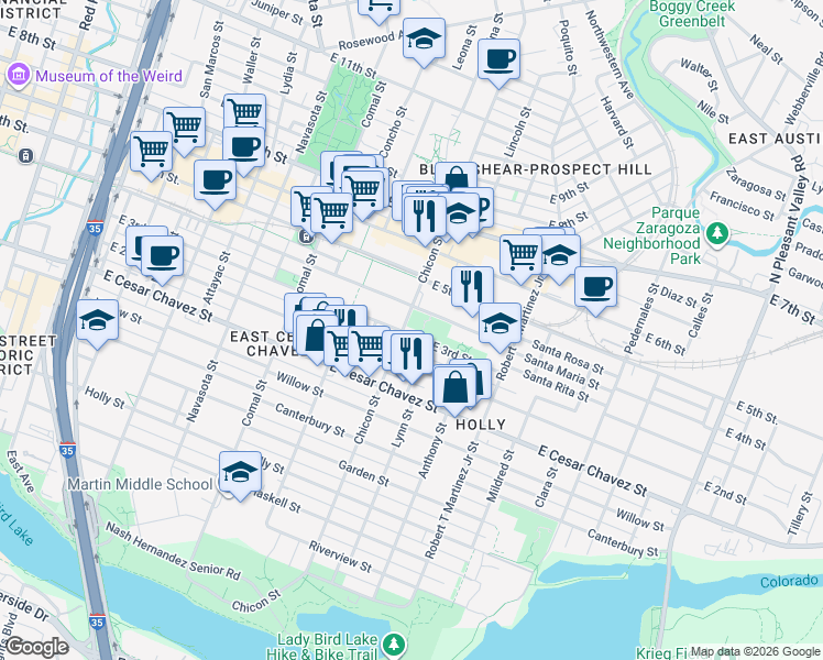 map of restaurants, bars, coffee shops, grocery stores, and more near in Austin