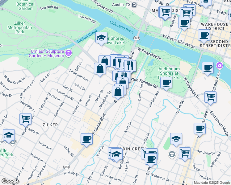 map of restaurants, bars, coffee shops, grocery stores, and more near 605 Josephine Street in Austin