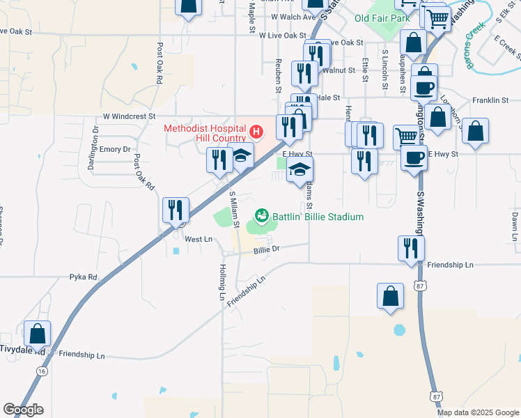 map of restaurants, bars, coffee shops, grocery stores, and more near 1107 South State Highway 16 in Fredericksburg