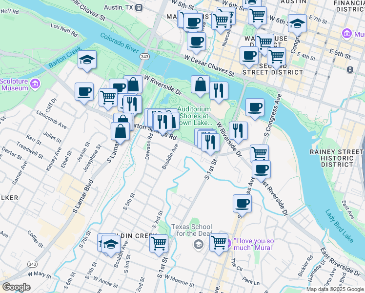 map of restaurants, bars, coffee shops, grocery stores, and more near in Austin