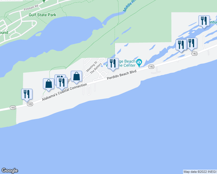 map of restaurants, bars, coffee shops, grocery stores, and more near 23450 Alabama 182 in Orange Beach