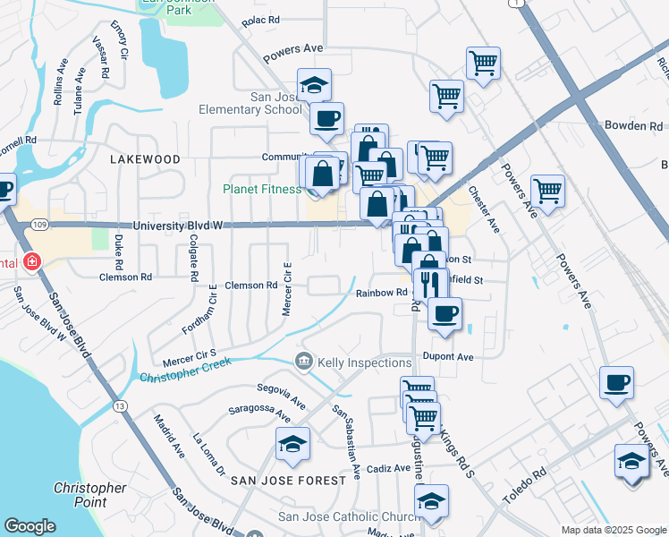 map of restaurants, bars, coffee shops, grocery stores, and more near 2767 Rainbow Circle West in Jacksonville