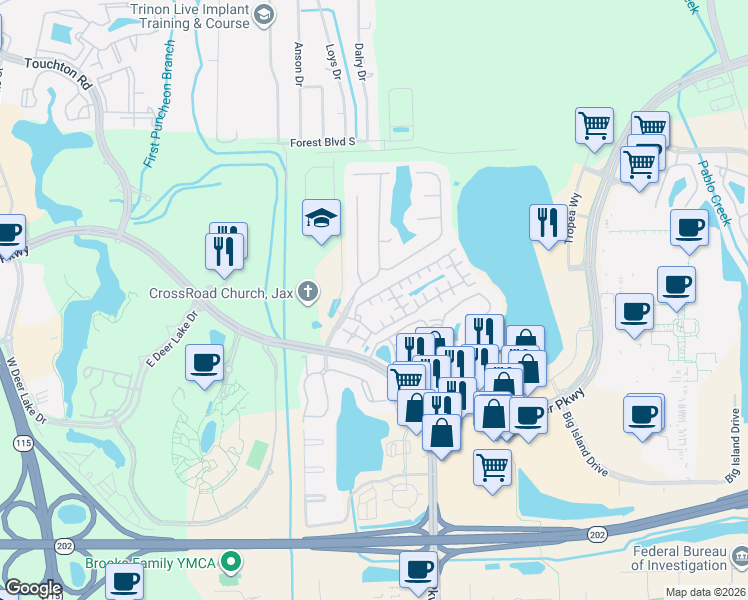map of restaurants, bars, coffee shops, grocery stores, and more near 4663 Shiloh Mill Boulevard in Jacksonville