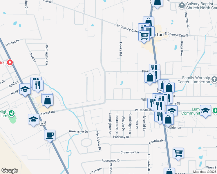 map of restaurants, bars, coffee shops, grocery stores, and more near 136 Greenleaf Drive in Lumberton