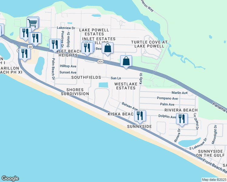 map of restaurants, bars, coffee shops, grocery stores, and more near 234 Attu Street in Panama City Beach
