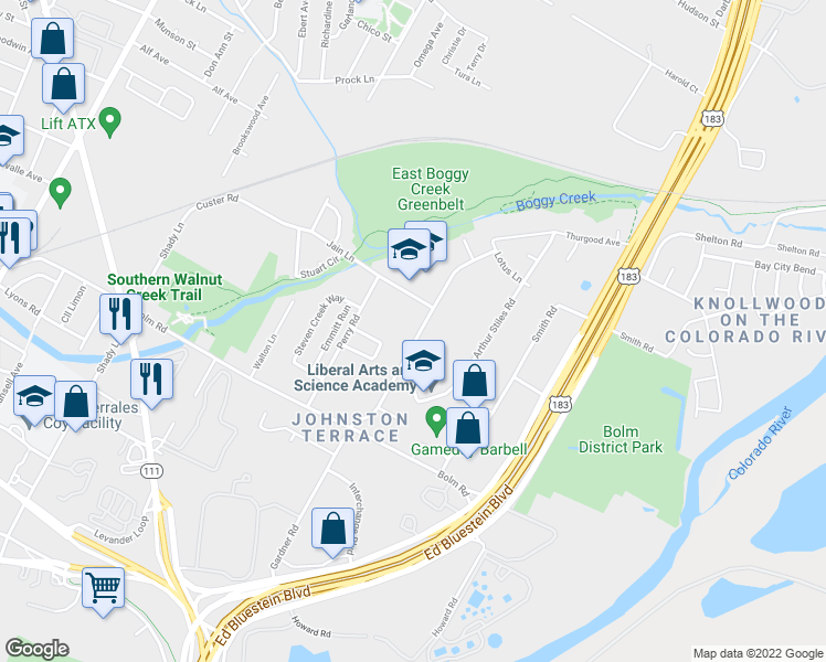 map of restaurants, bars, coffee shops, grocery stores, and more near 1056 Gardner Road in Austin