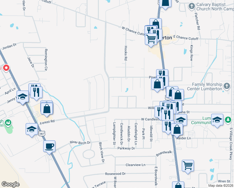map of restaurants, bars, coffee shops, grocery stores, and more near 136 Greenleaf Drive in Lumberton