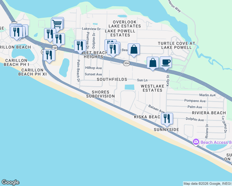 map of restaurants, bars, coffee shops, grocery stores, and more near 158 Southfields Road in Panama City Beach