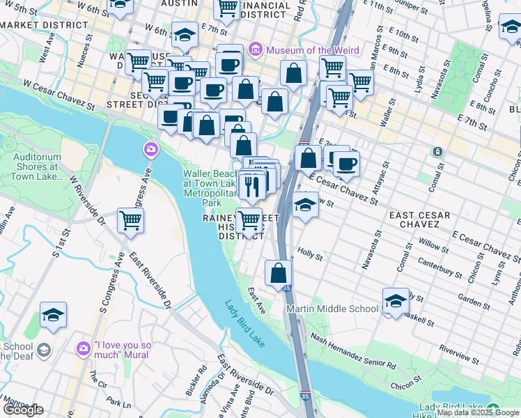 map of restaurants, bars, coffee shops, grocery stores, and more near 85 1/2 Rainey Street in Austin