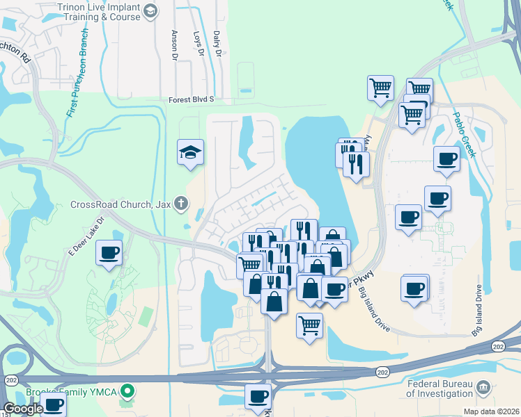 map of restaurants, bars, coffee shops, grocery stores, and more near 10075 Gate Parkway North in Jacksonville