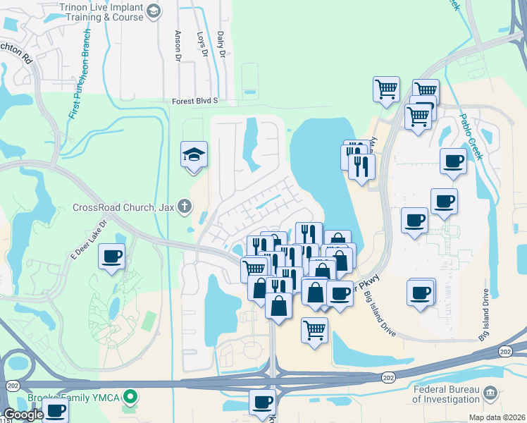 map of restaurants, bars, coffee shops, grocery stores, and more near 10075 Gate Parkway North in Jacksonville