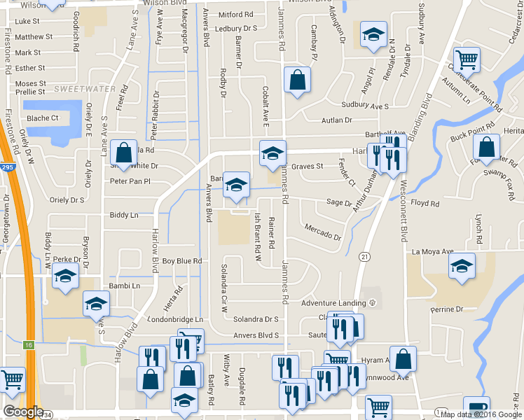 map of restaurants, bars, coffee shops, grocery stores, and more near 6442 Sage Drive in Jacksonville