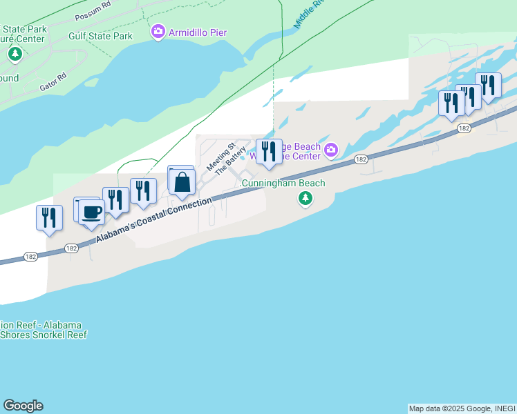 map of restaurants, bars, coffee shops, grocery stores, and more near 23450 Alabama 182 in Orange Beach