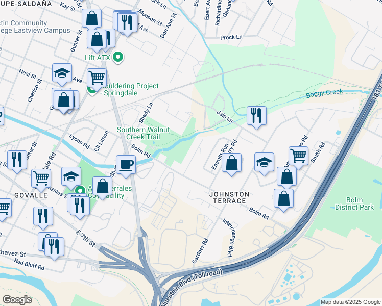 map of restaurants, bars, coffee shops, grocery stores, and more near 1123 Walton Lane in Austin